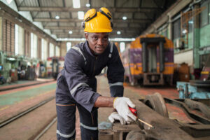 A focused industrial technician in a yellow hard hat uses a laptop while standing next to heavy machinery in a factory setting.